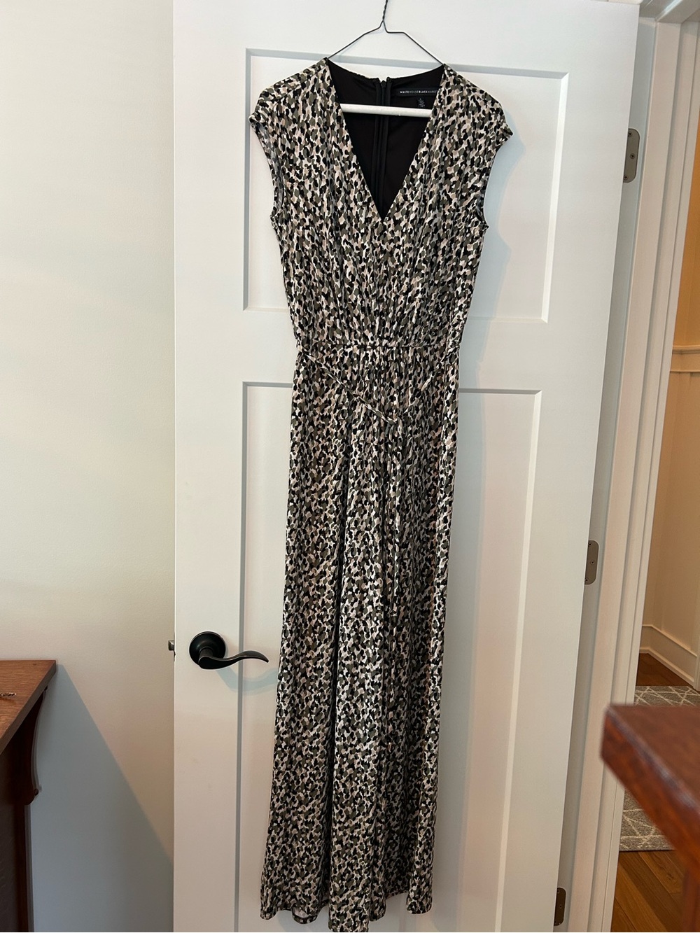 Black, Tan and Green Patterned V-Neck Jumpsuit